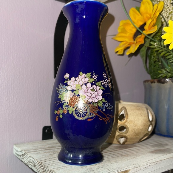 Other - Vintage cobalt blue vase with wheel barrel and flowers